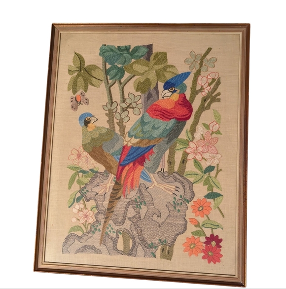 Vintage Other - 60s 70s Vintage Large Crewel Embroidery of Tropical Birds, Parrots, 23x25 MCM